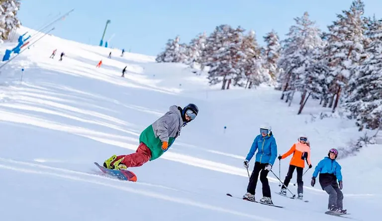 Esquiadores y un snowboarder bajando una pista de Javalambre entre pinos nevados